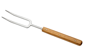 Metal two pronged meat fork with wood handle isolated on a transparent background