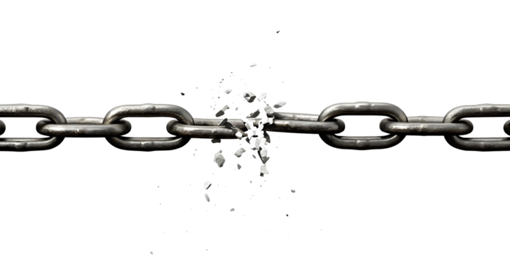 Metal chain breaking apart with debris isolated on a transparent background link