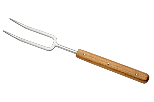 Metal two pronged meat fork with wood handle isolated on a transparent background
