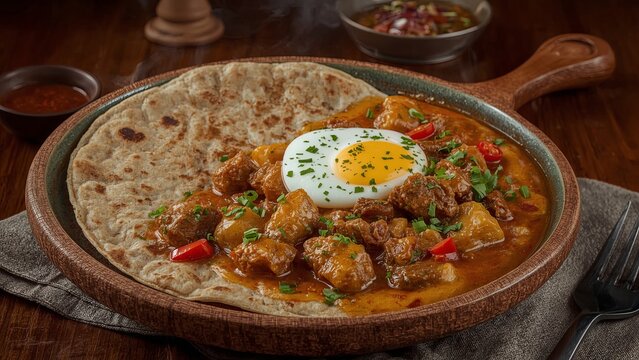Layered flatbread made from maida or whole wheat flour served with a rich and spicy Asian curry sauce featuring beef, chicken, and egg. A classic dish from Indian cuisine
