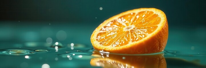 Juicy orange half submerged in water, droplets clinging , close up, juicy, summer