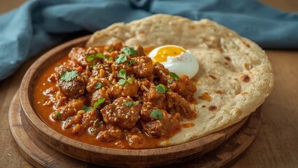 Layered flatbread made from maida or whole wheat flour served with a rich and spicy Asian curry sauce featuring beef, chicken, and egg. A classic dish from Indian cuisine