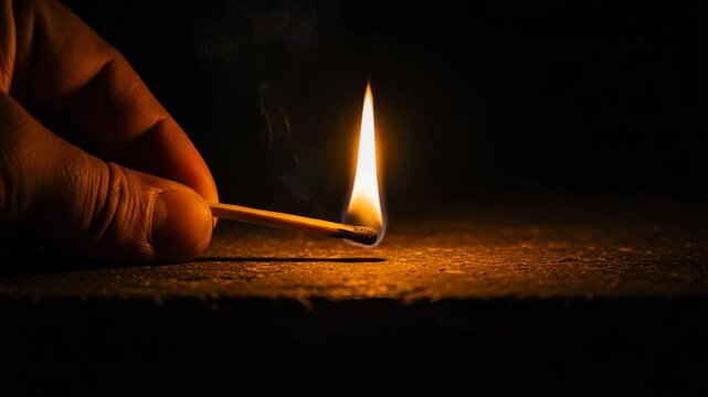 Hand striking a match and igniting it in dim light  