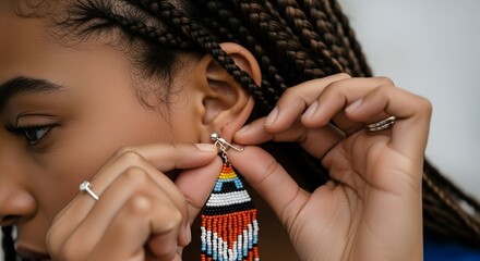 Young woman wearing colorful earrings and adjusting them on ear  
