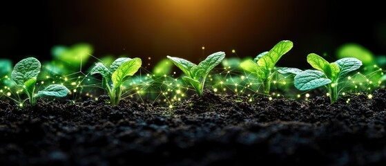 Young plants emerging from soil with digital connectivity.