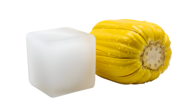 Ice Cube Rests Beside Yellow Fruit, Isolated on Transparent Background, Freshness Themes