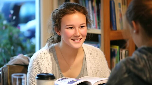 A language tutor gestures gently while helping their student pronounce words in a cozy living room