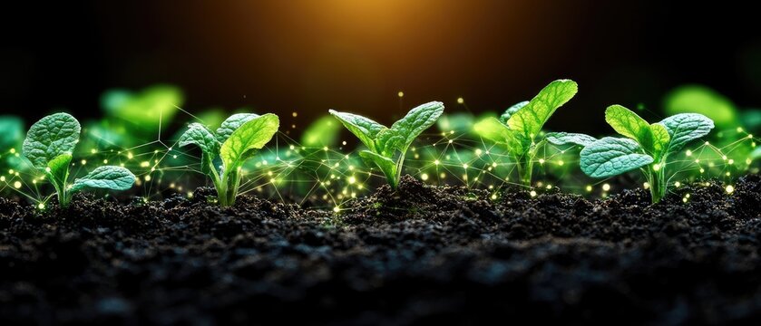 Young plants emerging from soil with digital connectivity. - Powered by Adobe