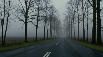 Fototapeta premium Foggy country road surrounded by autumn trees in the morning light
