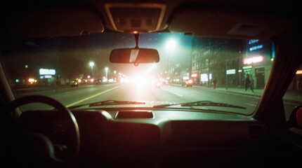 Generative AI Night drive city lights dashboard view Car Street Driving Road Windshield Vehicle Transportation Urban Interior Automobile Rearview mirror Travel Journey