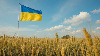 The Ukrainian flag waves proudly against a vast wheat field backdrop, symbolizing the nation's agricultural heritage, strength, and deep connection to its fertile land