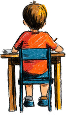 Childlike Drawing of a Student Sitting at a Table