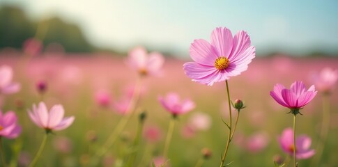 Delicate pink cosmos blossoms sway gently in a field , romantic flowers, petals