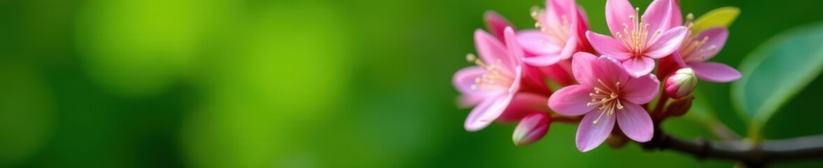 Fototapeta premium Delicate pink gum blossoms cluster against vibrant green foliage , flowers, bush, blossom