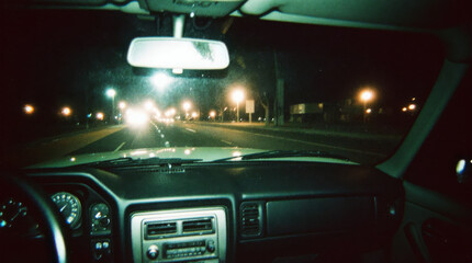 Generative AI Night Drive View From Inside Car Driving Road Dashboard Windshield Street lights Interior Vehicle Transportation Rearview mirror City Urban Oncoming traffic