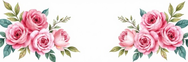 Fototapeta premium Delicate watercolor roses & peonies garland, blush pink , texture, delicate