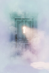 Generative AI Mystical Doorway to Dreams Door Keyhole Light Fog Mist Ornate Entrance Portal Dream Fantasy Vintage Old Architecture Handle Wood Design Art Illustration Escape - Download Now