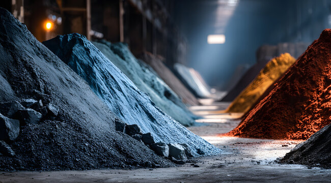 Piles of rare earth elements and metallic ores in industrial warehouse, raw materials for tech, electronics, renewable energy.