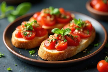 Elegant arrangement of bruschetta on round platter, garnished with herbs, red, tomato, eat