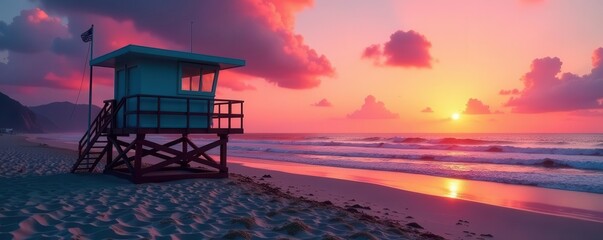 Elevated lifeguard station overlooking tranquil sunset beach , idyllic, light, vacation
