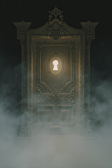 Generative AI Ornate Doorway with Keyhole and Mist Door Fog Light Entrance Portal Frame Wood Carved Architecture Dark Shadow Key Antique Vintage Mystery Secret Fantasy