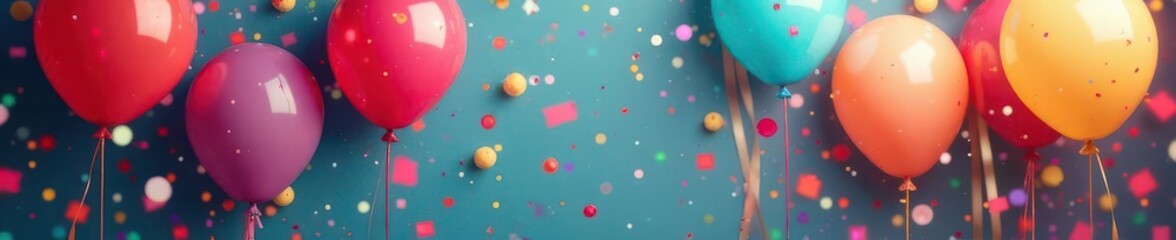 Fototapeta premium Festive balloons & streamers, colorful confetti , scarlet, light