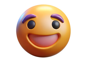 Fototapeta premium Happy yellow emoji with purple eyebrows and a wide open mouth smile