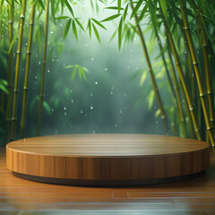 Round woodenfloor  for product display with and background have bamboo leaves after raining 