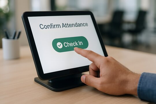 A person is interacting with a digital tablet, tapping the "Check In" button, symbolizing modern tech use in business or event management.