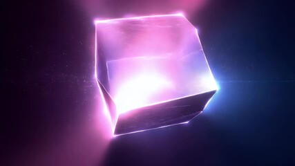 Neon-lit, geometric prism glowing with vibrant purples and blues in a dark space - Powered by Adobe