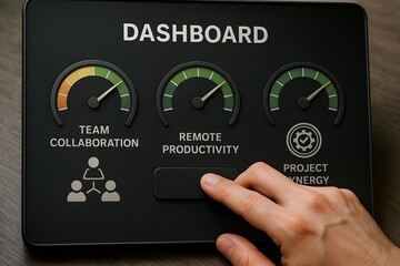 A modern dashboard offers insights into team collaboration, remote productivity, and project energy. The hand's interaction shows progress.