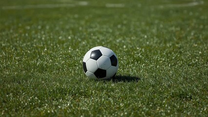 Fototapeta premium Close-up of a classic soccer ball resting on a green grass field under natural sunlight, capturing the essence of the game and the anticipation of play in a vibrant and energetic sports atmosphere
