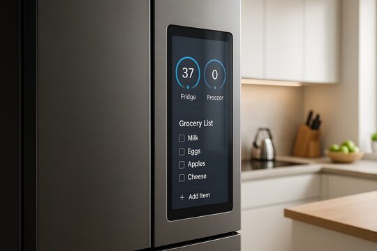 A modern smart fridge is in a contemporary kitchen, offering an efficient way to organize and manage food. It shows the temperature, grocery list on its digital display.