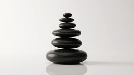 Generative AI Stacked black stones on white background Stack Smooth Pebbles Balance Tower Zen Arrangement Still life Reflection Minimal Natural Wellness Spa Calm Harmony - Unique Design