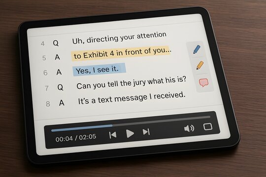 A tablet screen displays an exhibit document, showcasing a digital display of legal proceedings or a detailed explanation within a virtual environment.