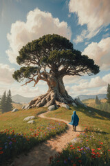 Generative AI Lone Walker Under Ancient Tree Ancient tree Landscape Person Field Flowers Hill Path Sky Clouds Blue cloak Roots Meadow Nature Scenic Outdoors Walking Travel - Download Now