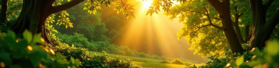 Obraz premium Golden sunlight filters through lush canopy, illuminating vibrant foliage , freshness, sunbeams