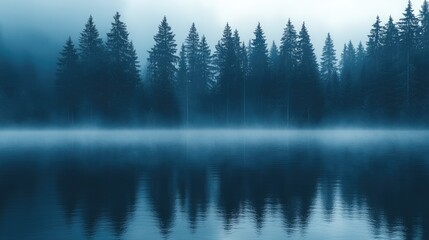 Obraz premium Misty lake reflecting a dark forest.