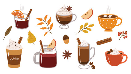 Autumn drinks elements, doodle collection, hot drinks, coffee, tea, hot chocolate, autumn cozy set