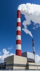 Massive red and white striped smoke stacks of an industrial power plant against a clear blue sky, emitting white smoke plumes