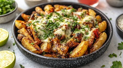 Deliciously seasoned potatoes with melted cheese and spices in a dark bowl.