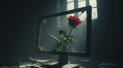 Generative AI Red Rose in Broken Monitor Frame Red rose Flower Computer monitor Screen Dusty Dark Room Window Light Bloom Plant Decay Abandoned Nature Technology Growth
