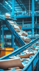 Conveyor belt system in a recycling facility with cardboard boxes and mixed materials, showcasing waste management and recycling processes