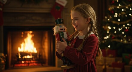 Fototapeta premium A young girl's joyous Christmas Eve by the warm fireplace with her nutcracker toy