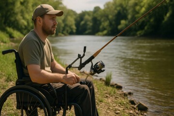 Obraz premium Man in a wheelchair fishing by a river, using adaptive gear for accessibility. Tranquil setting with lush greenery and calm waters