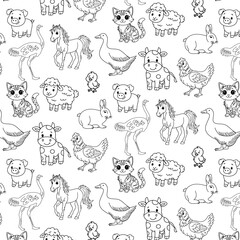 animal farm doodle cat pig chicken cow horse goose duck seamless pattern