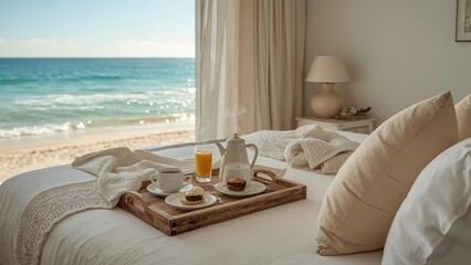 A beautifully presented breakfast served on a wooden tray with breathtaking ocean views, with fresh fruit, coffee and pastries, embodying the essence of relaxation and coastal serenity