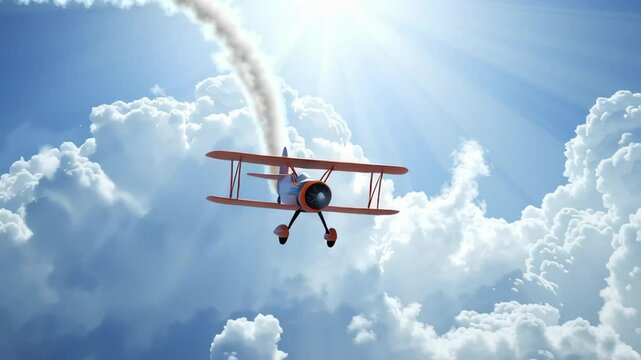 Vintage orange biplane soaring through bright blue skies above dramatic white clouds, leaving a smoke trail behind during a clear day.