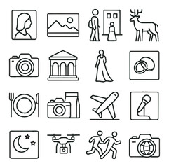 Photography icons. line art icons. portrait, landscape, street, wildlife, macro, architectural, fashion, wedding, food, product, travel, event, night, aerial, sports, documentary.