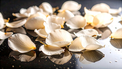 Scattered white flower petals on a reflective black surface